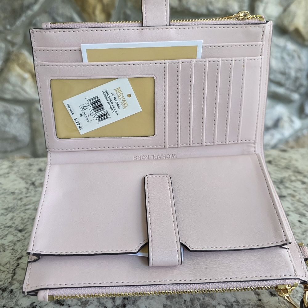 Michael Kors Jet Set Logo Pink Double Zip Wristlet - Picture 3 of 5